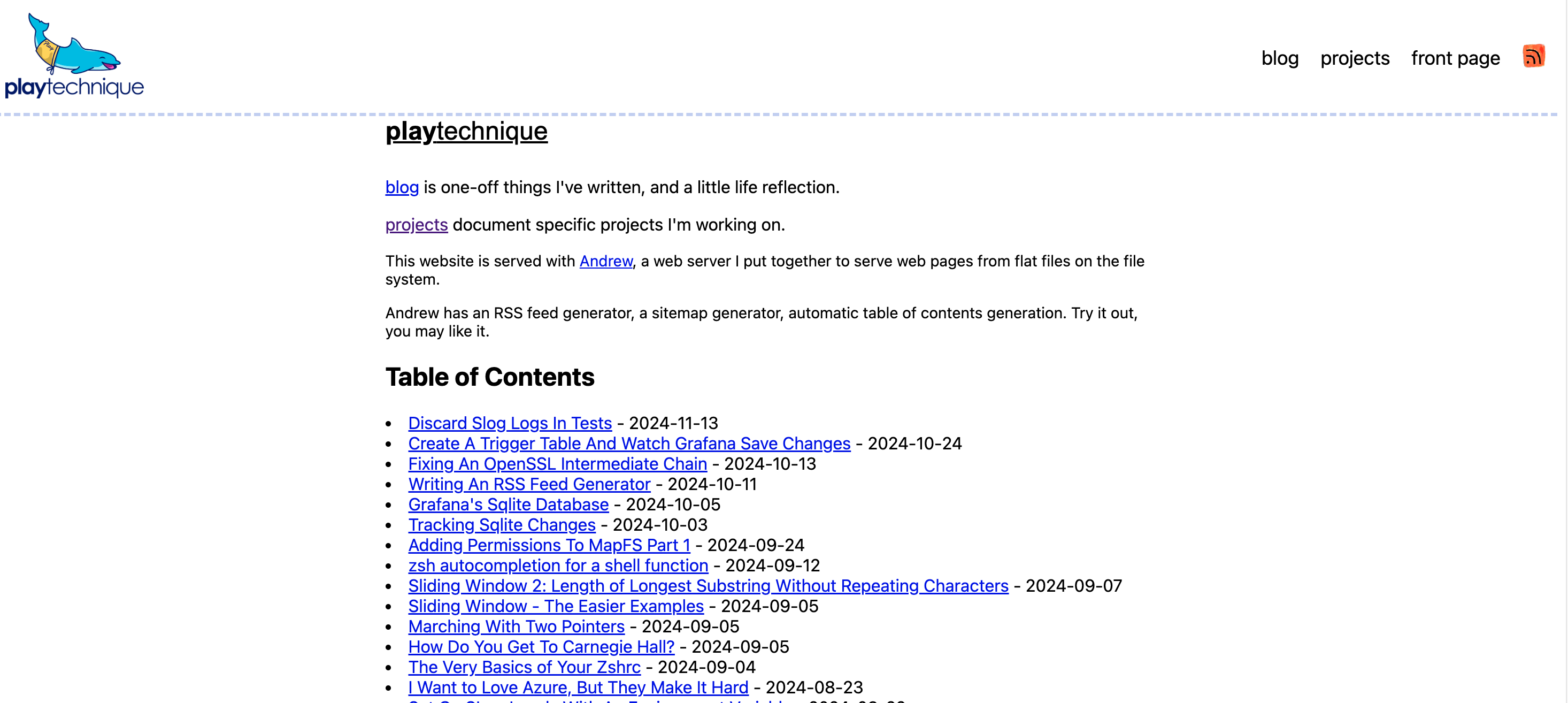 Screenshot of the front page of playtechnique.io, which looks like a single column with a list of blog post titles. Needs more zing.